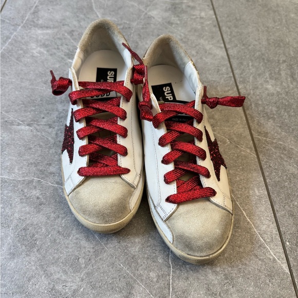 White Sneakers with Red Glitter Accents - Picture 1 of 3